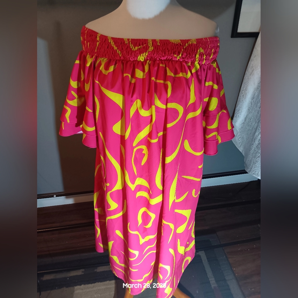 Vibrant Pink and Yellow Off-Shoulder Dress